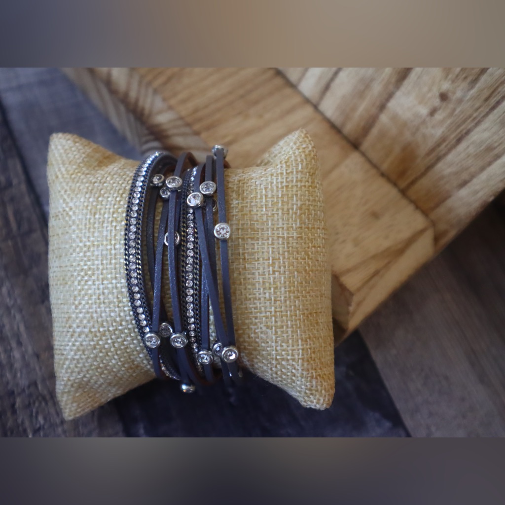 Dark Grey Layered Gem Studded Wrap Bracelet